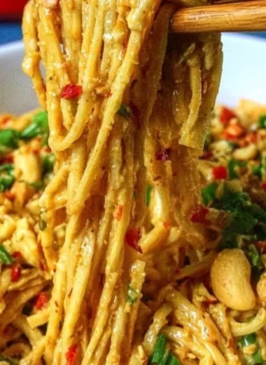 Delicious Thai peanut noodles topped with fresh herbs and vegetables