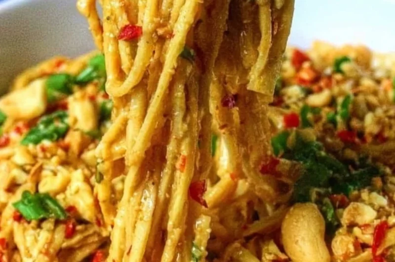 Delicious Thai peanut noodles topped with fresh herbs and vegetables