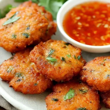 Delicious Thai Shrimp Cake served with dipping sauce and garnished with herbs.