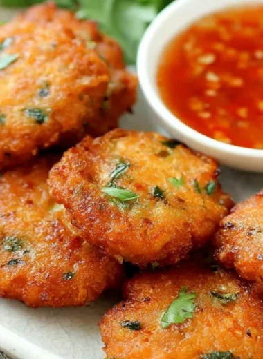 Delicious Thai Shrimp Cake served with dipping sauce and garnished with herbs.