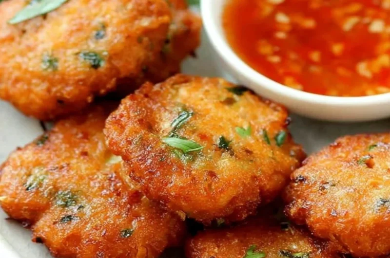 Delicious Thai Shrimp Cake served with dipping sauce and garnished with herbs.