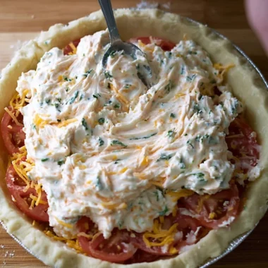 Homemade Tomato Pie fresh from the oven with sliced tomatoes and herbs