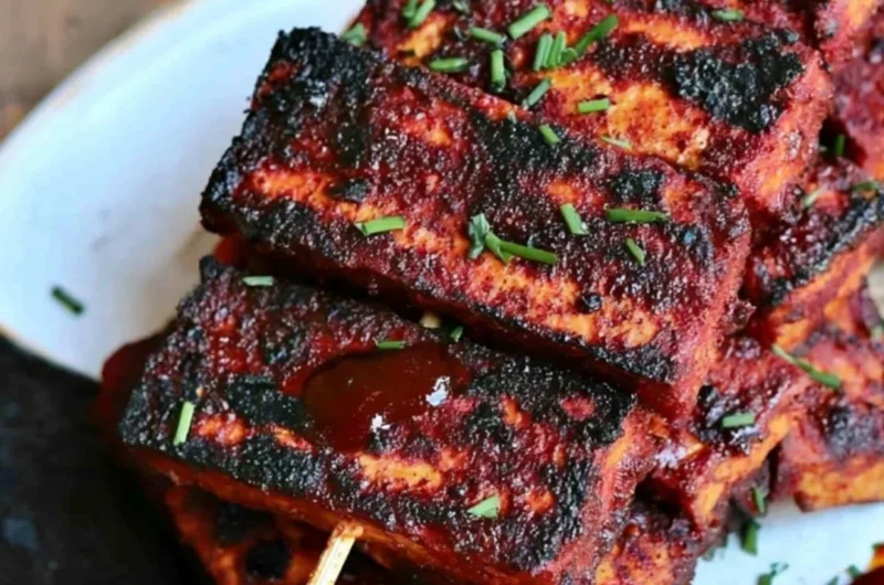 Vegan Sweet and Spicy BBQ Tofu served on a plate with garnishes