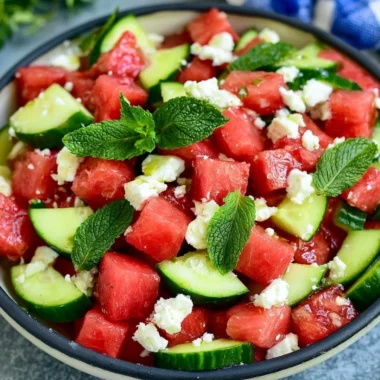 Colorful watermelon salad with mint and feta cheese served in a bowl