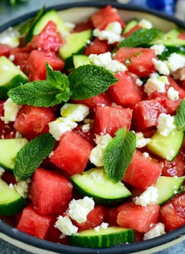Colorful watermelon salad with mint and feta cheese served in a bowl