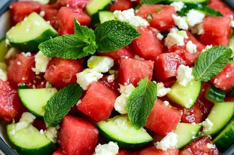 Colorful watermelon salad with mint and feta cheese served in a bowl