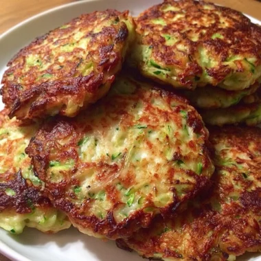 Crispy zucchini patties served on a plate with dipping sauce.