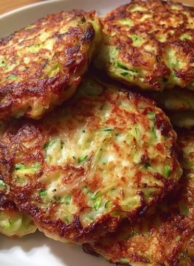 Crispy zucchini patties served on a plate with dipping sauce.