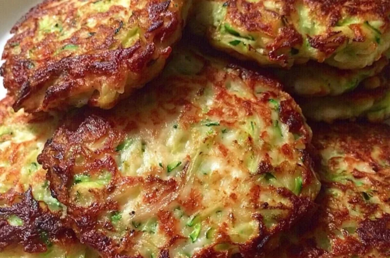 Crispy zucchini patties served on a plate with dipping sauce.