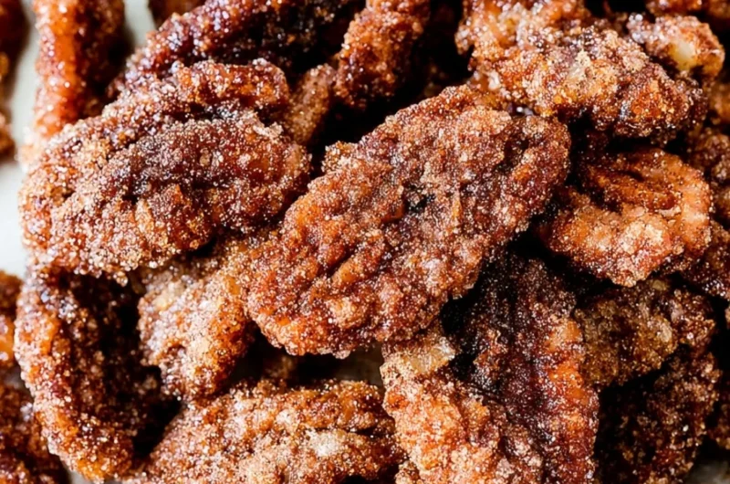 Cinnamon sugar candied pecans in a bowl, a sweet snack or dessert topping.