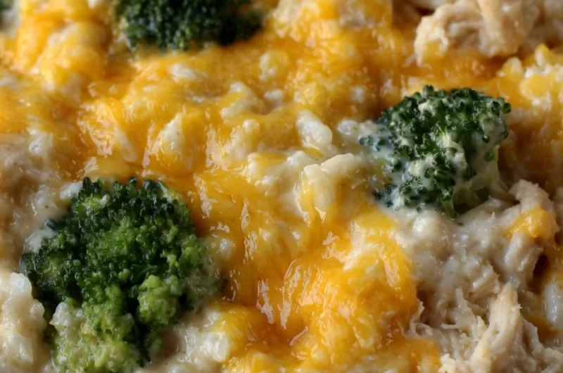 Cozy cheesy broccoli chicken rice casserole served in a baking dish