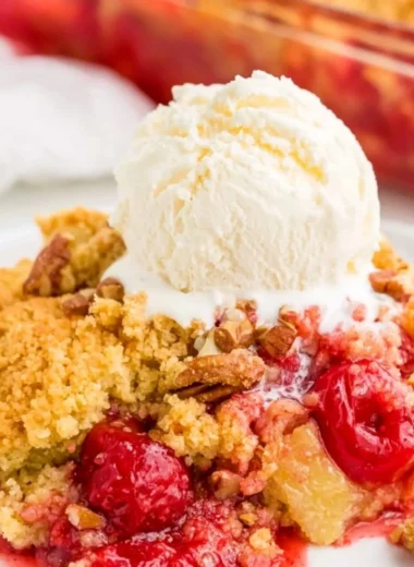 Cozy cherry dump cake made with sweet cherries and a crumbly topping