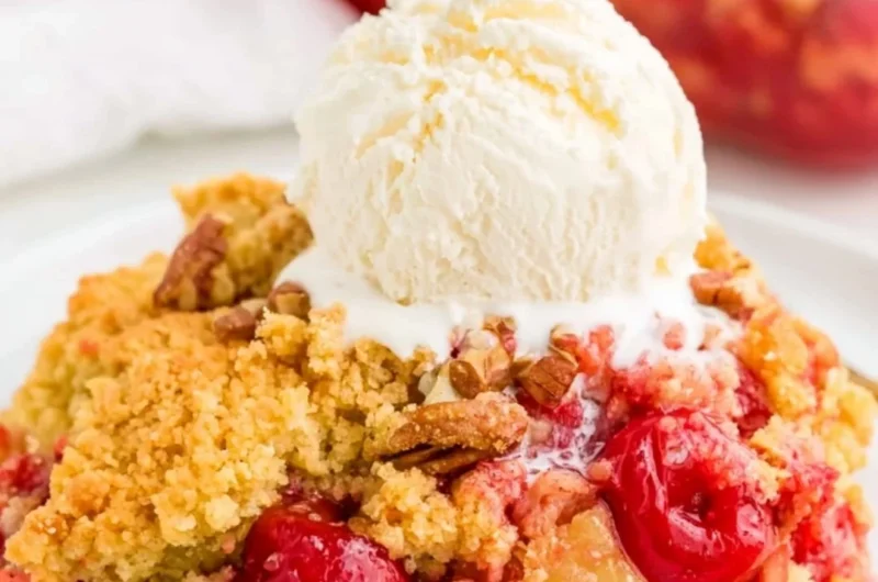 Cozy cherry dump cake made with sweet cherries and a crumbly topping