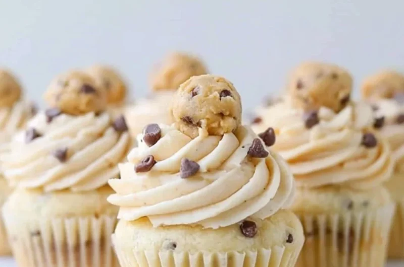 Cozy cookie dough cupcakes topped with creamy frosting and chocolate chips