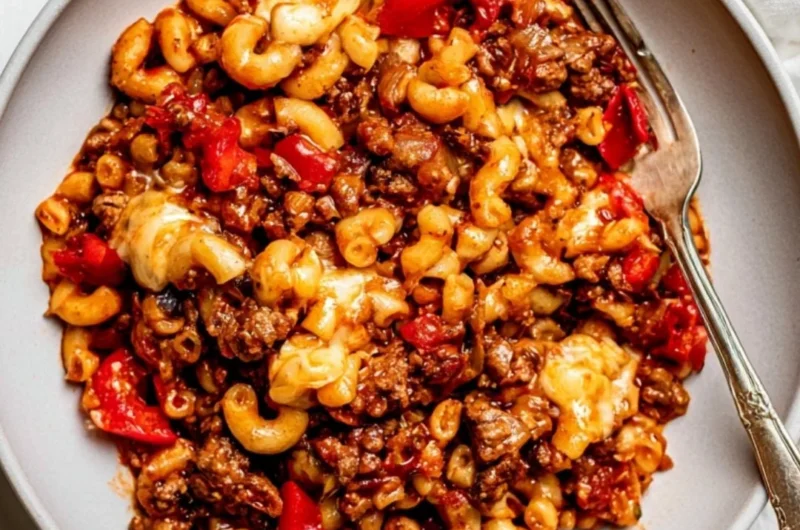 Slow cooker goulash served in a bowl with fresh herbs.