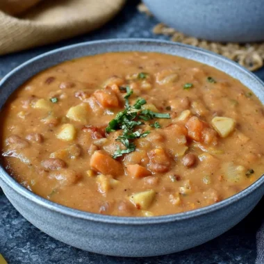 Creamy Mexican-inspired pinto bean soup in a bowl with herbs