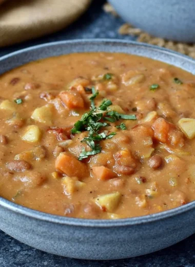 Creamy Mexican-inspired pinto bean soup in a bowl with herbs