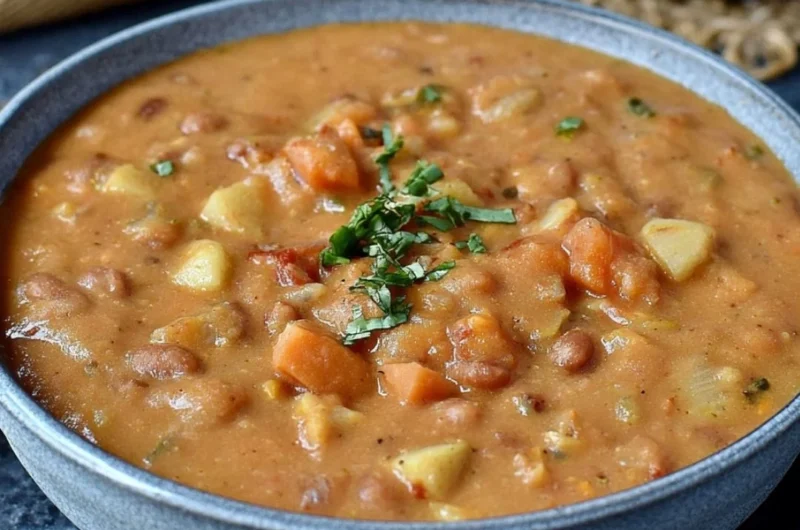 Creamy Mexican-inspired pinto bean soup in a bowl with herbs