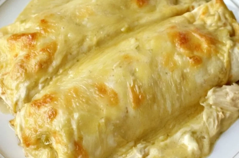 Delicious creamy white chicken enchiladas garnished with cilantro on a plate.