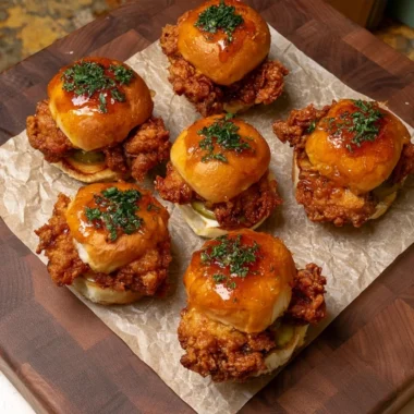 Delicious crispy chicken sliders topped with honey ranch sauce on a plate
