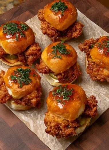 Delicious crispy chicken sliders topped with honey ranch sauce on a plate