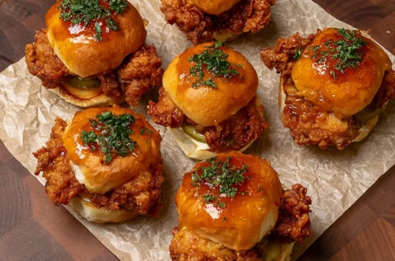 Delicious crispy chicken sliders topped with honey ranch sauce on a plate