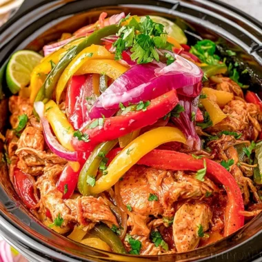 Delicious crockpot chicken fajitas served in a tortilla with peppers and onions.