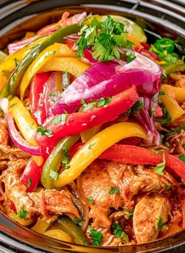 Delicious crockpot chicken fajitas served in a tortilla with peppers and onions.