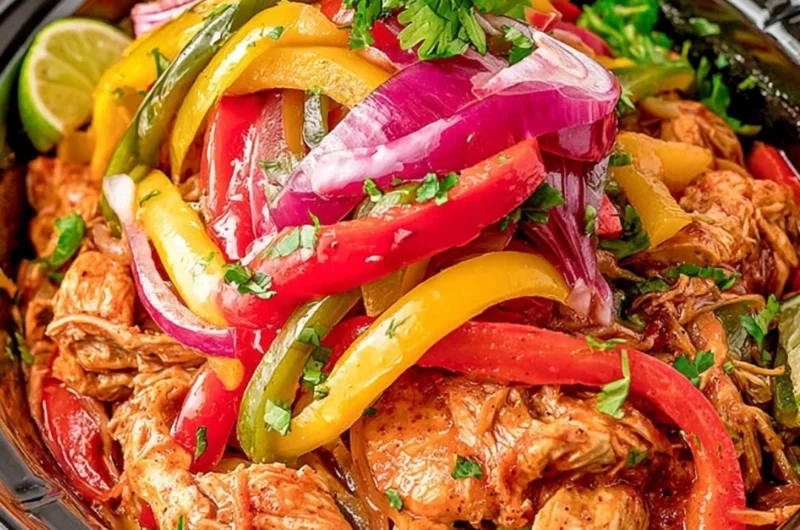 Delicious crockpot chicken fajitas served in a tortilla with peppers and onions.
