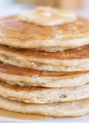 Delicious easy sourdough discard pancakes stacked on a plate