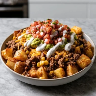 Delicious loaded potato taco bowl with toppings and ingredients.