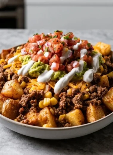 Delicious loaded potato taco bowl with toppings and ingredients.