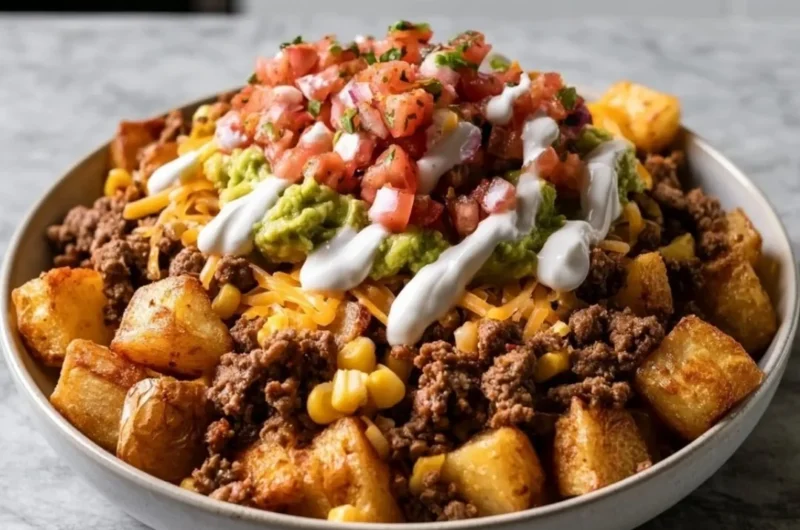 Delicious loaded potato taco bowl with toppings and ingredients.