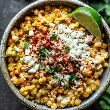 Delicious Mexican street corn topped with cheese and spices