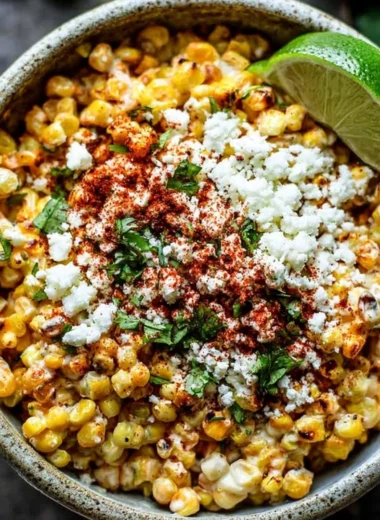 Delicious Mexican street corn topped with cheese and spices