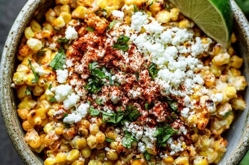 Delicious Mexican street corn topped with cheese and spices