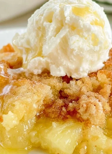 Delicious Pineapple Dump Cake served with a scoop of vanilla ice cream