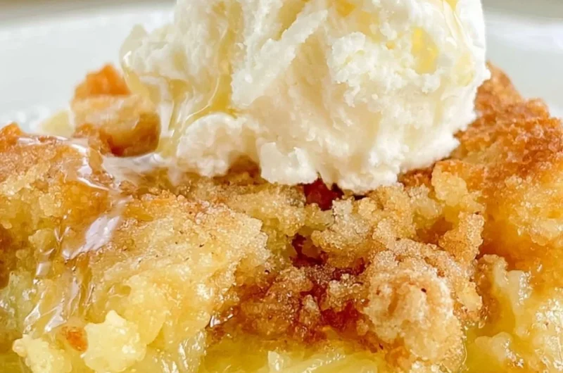 Delicious Pineapple Dump Cake served with a scoop of vanilla ice cream