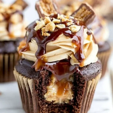 Delicious Snickers Cupcakes topped with chocolate, caramel, and peanuts