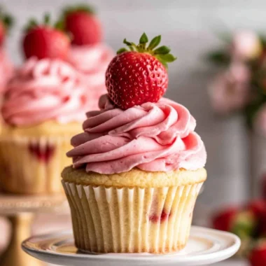Delicious strawberry jam cupcakes topped with frosting and fresh strawberries.