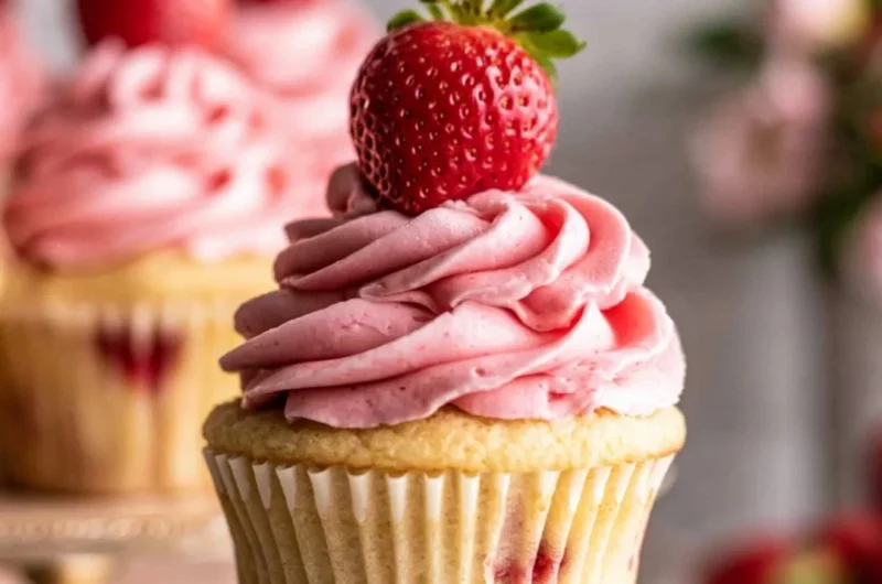 Delicious strawberry jam cupcakes topped with frosting and fresh strawberries.