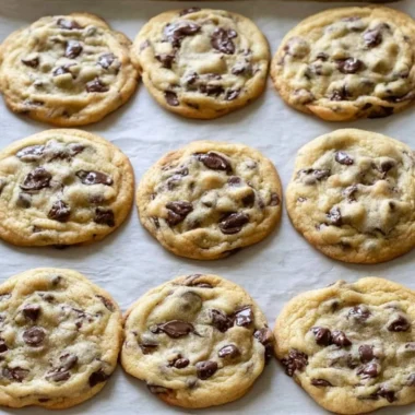 Freshly baked chocolate chip cookies with melted chocolate and a golden crust.