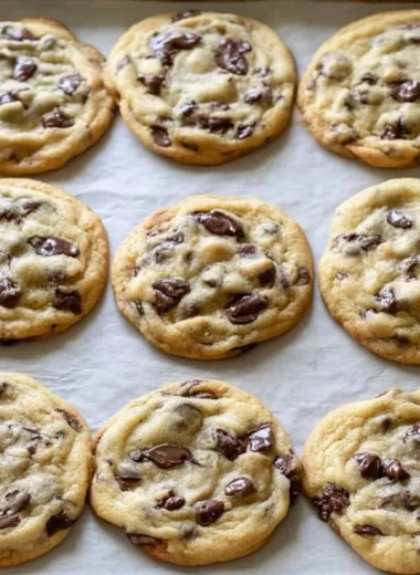 Freshly baked chocolate chip cookies with melted chocolate and a golden crust.