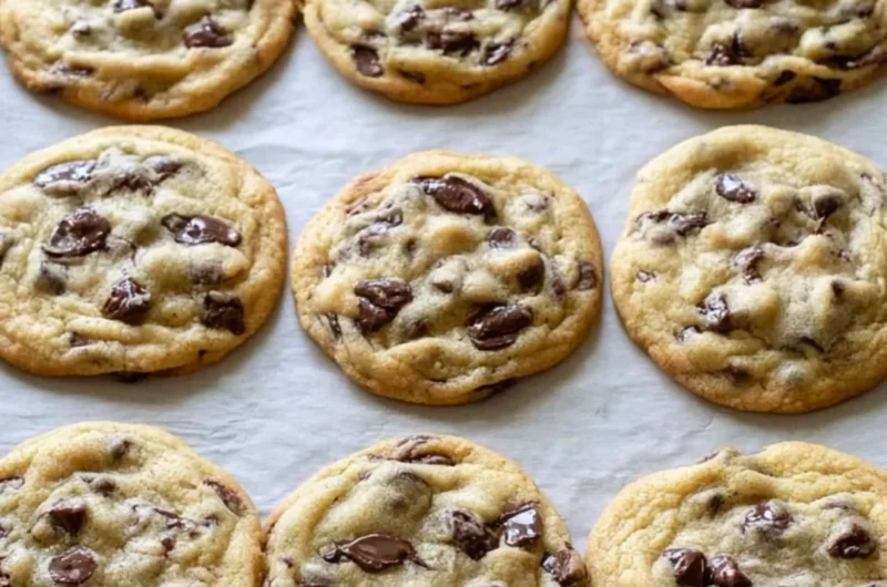 Freshly baked chocolate chip cookies with melted chocolate and a golden crust.