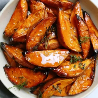 A plate of honey roasted sweet potatoes, showcasing their caramelized texture and vibrant color.