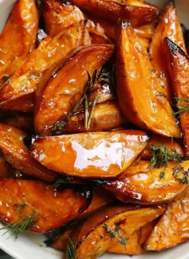 A plate of honey roasted sweet potatoes, showcasing their caramelized texture and vibrant color.
