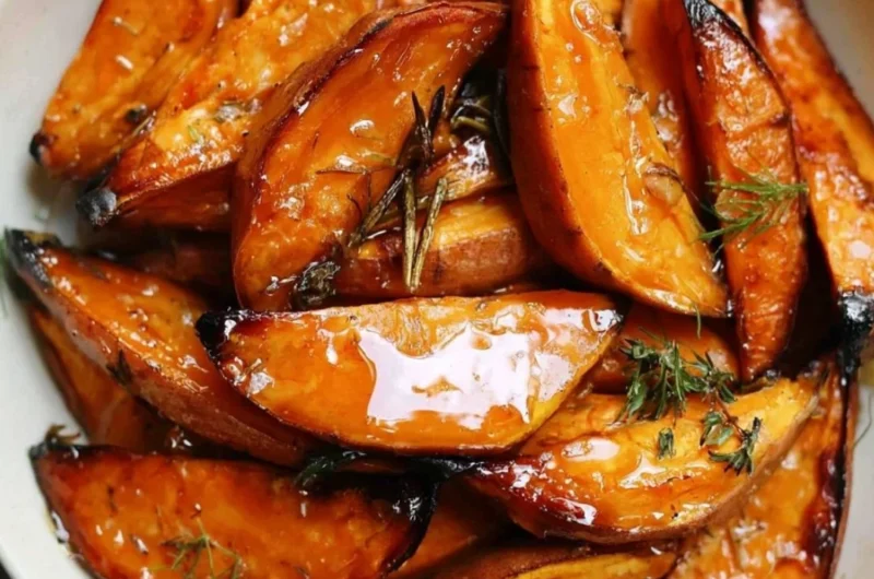 A plate of honey roasted sweet potatoes, showcasing their caramelized texture and vibrant color.