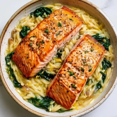 Seared salmon served with lemon orzo for a bright and flavorful dish