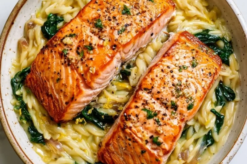 Seared salmon served with lemon orzo for a bright and flavorful dish